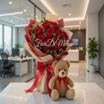 Red Naomi Roses With Teddy Bear