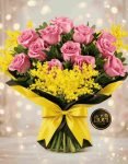 BOUQUET DI 10 ROSE ROSA CON MIMOSA