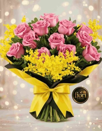 BOUQUET DI 10 ROSE ROSA CON MIMOSA