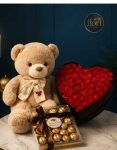 Luxury Heart Rose Box with Teddy Bear & Chocolates – Milan