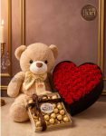 Luxury Heart Rose Box with Teddy Bear & Chocolates – Milan