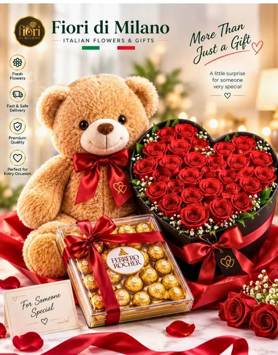 Luxury Heart Rose Box with Teddy Bear & Chocolates - Milan Luxury Heart Rose Box with Teddy Bear & Chocolates - Milan