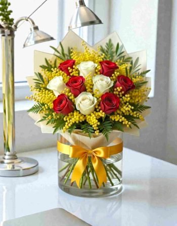 Mimosa con Rose Rosse e Bianche Bouquet