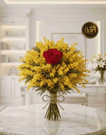 Red rose with Mimosa