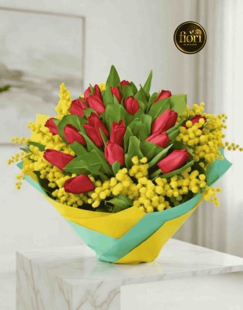 Tulipani rosso con mimose (1)
