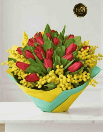 Tulipani rosso con mimose (2)