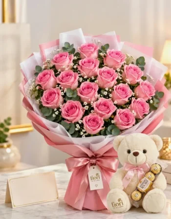 Bouquet di Rose Rosa con Peluche e Cioccolatini