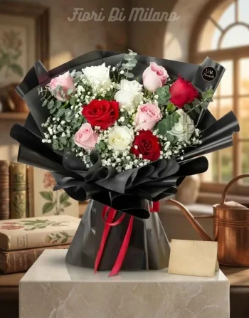 Bouquet di rose rosse, rosa e bianche (2)