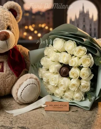 Rose Bianche Bouquet & Teddy