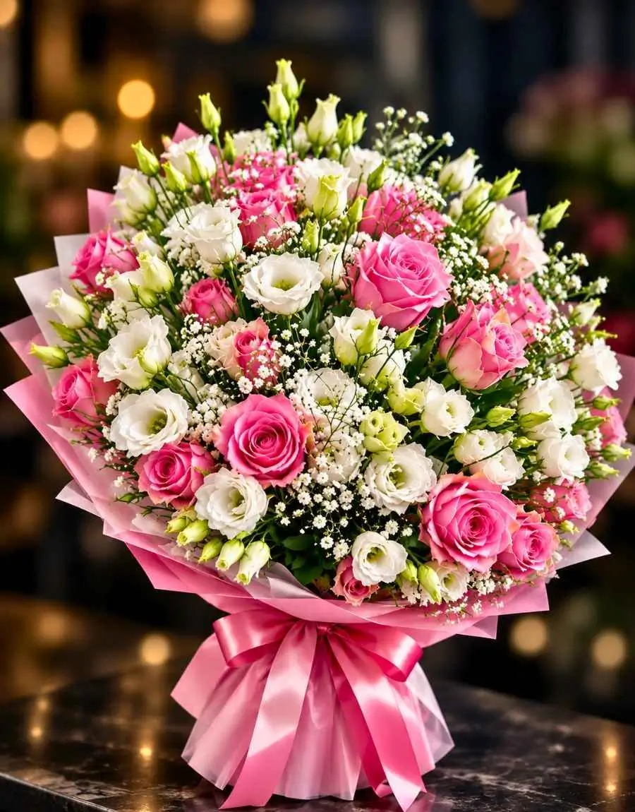 Grande mazzo di Lisanthus con Rose rosa Grande mazzo di Lisanthus con Rose rosa