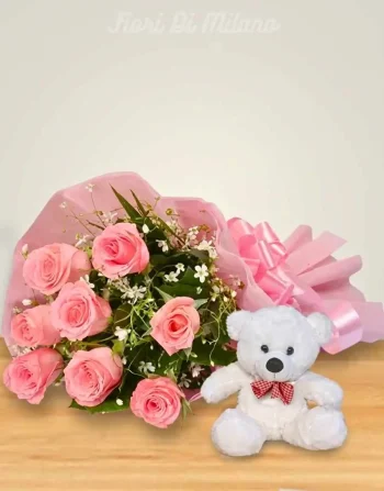 MAZZO DI 21 ROSE ROSA CON PELUCHE (1)